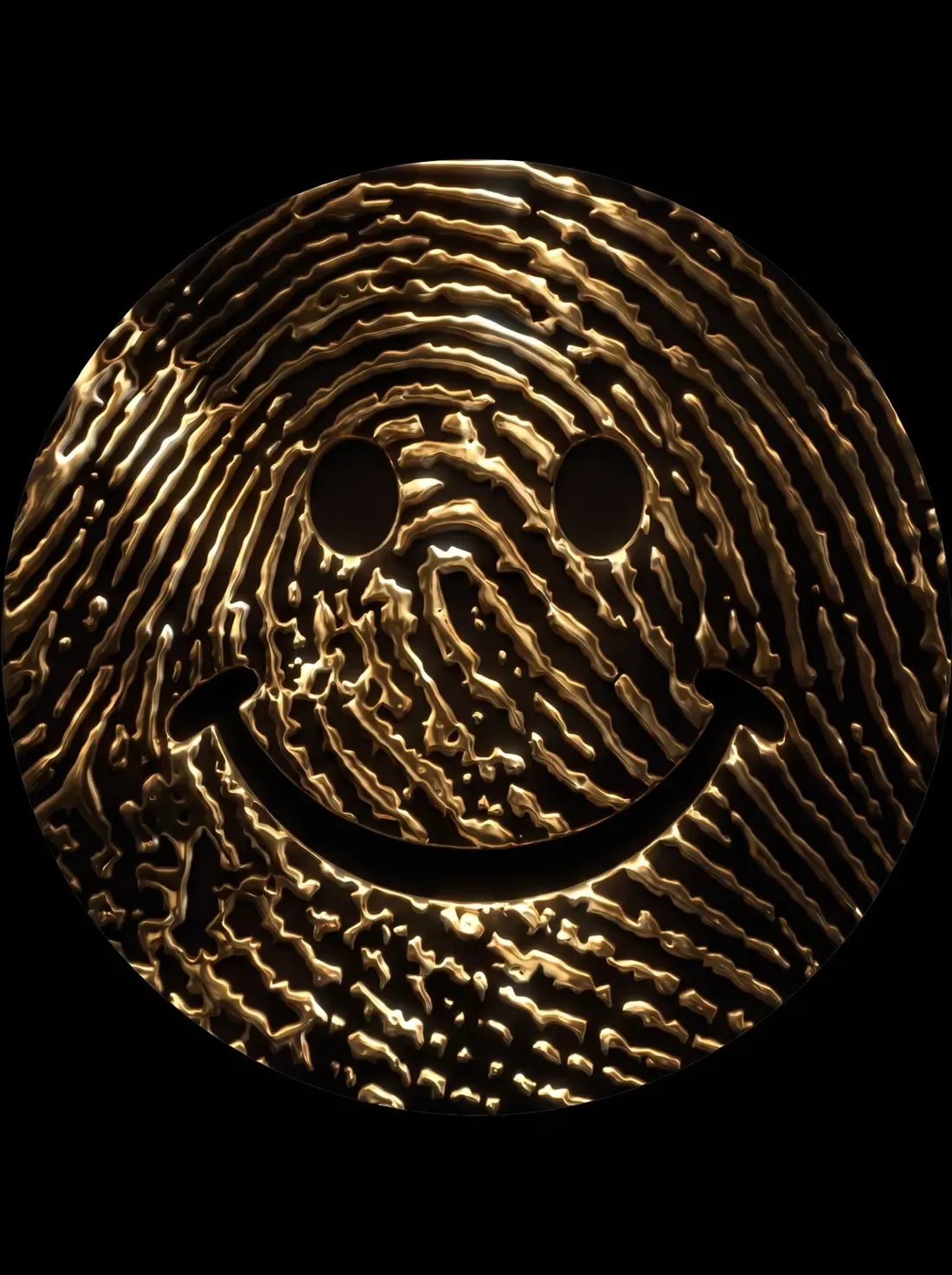 The Nobody Twice mark: a smiling face pressed into gold, its surface made of fingerprint ridges.