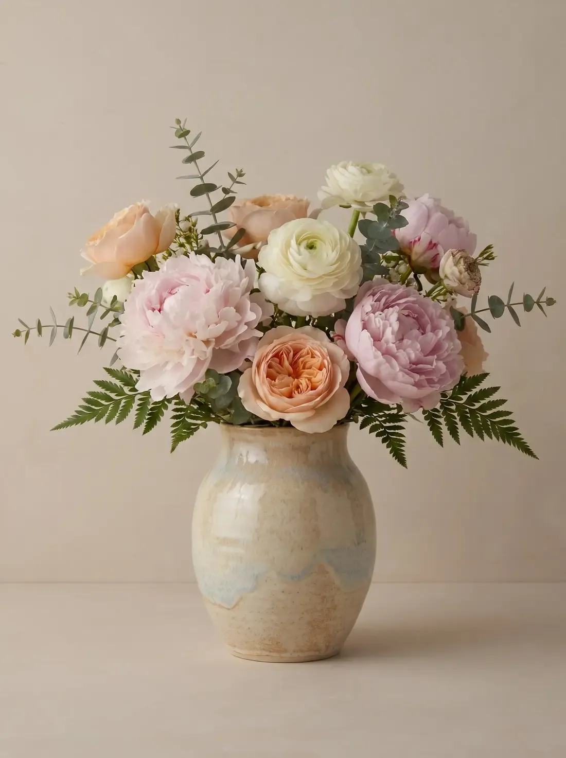 Peonies, ranunculus and garden roses with eucalyptus and fern, arranged in a pale glazed stoneware vase.